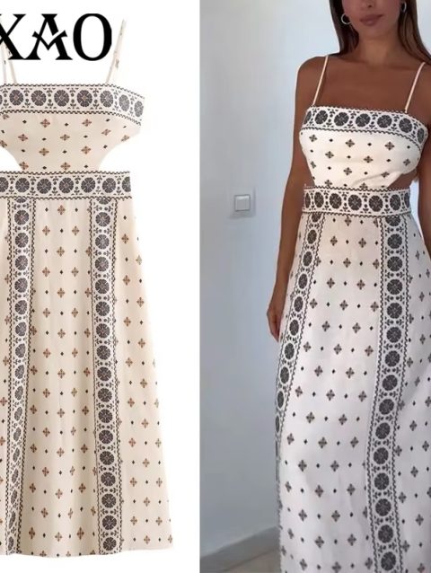 HXAO Cut Out Slip Dress Women Boho Print Midi Dresses Summer Sleeveless Long Dresses Woman Backless Beach Holiday Dresses