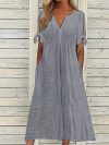 Women Long Dress V Neck Maxi Dresses Casual Loose High Waist Embroidered Dress Ladies Short Sleeve Party Sexy Dress With Pocket