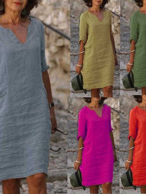 Vintage Women Solid Mini Dress Summer Fashion V-neck Three Quater Sleeve Cotton Linen Dress Ladies Casual Holiday Vestidos