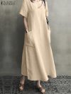 ZANZEA 2023 Women Long Maxi Summer Dress Casual Cotton Linen Ladies Big Pockets Beach Party Robe Femme Vestidos