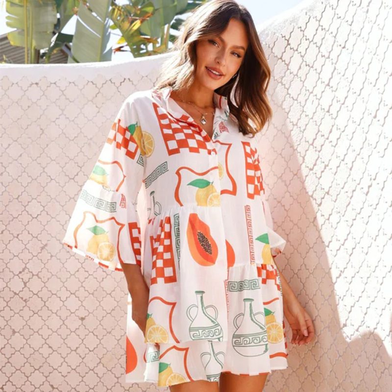 2024 Summer Fashion New Print Elegant Women's Mid Length Sexy Dress Ethnic Style V-neck Pleated Flare Sleeve Dress - Image 9