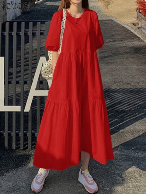 Elegant Solid Dress Women Summer Sundress ZANZEA 2023 Casual Short Sleeve Maxi Vestidos Female O Neck Robe Femme Oversized