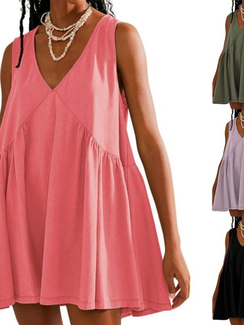 2024 Women's Beach Dress Casual V-neck Sleeveless Loose Vest Dress Women's Summer Sun Dresses Female Retro Solid Soft Dress