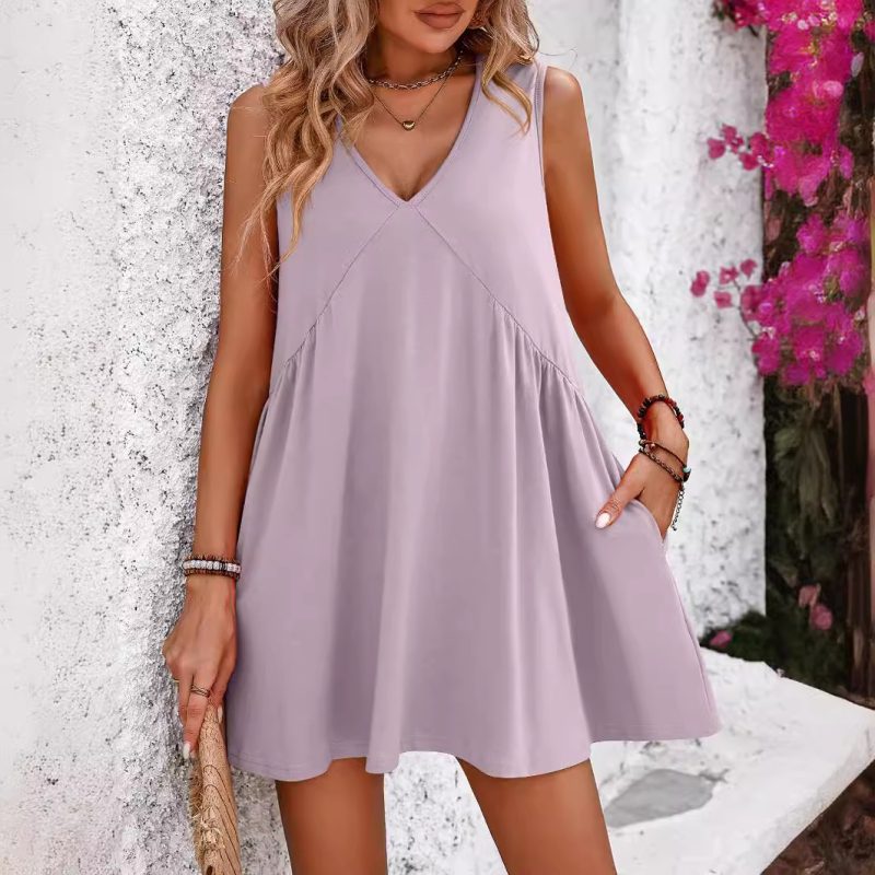 2024 Women's Beach Dress Casual V-neck Sleeveless Loose Vest Dress Women's Summer Sun Dresses Female Retro Solid Soft Dress - Image 2
