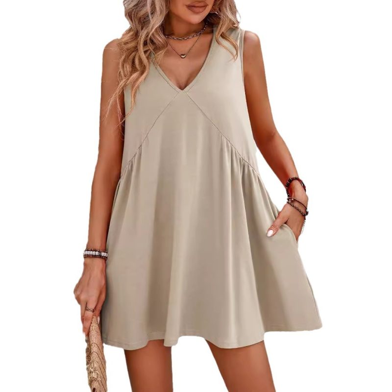 2024 Women's Beach Dress Casual V-neck Sleeveless Loose Vest Dress Women's Summer Sun Dresses Female Retro Solid Soft Dress - Image 5