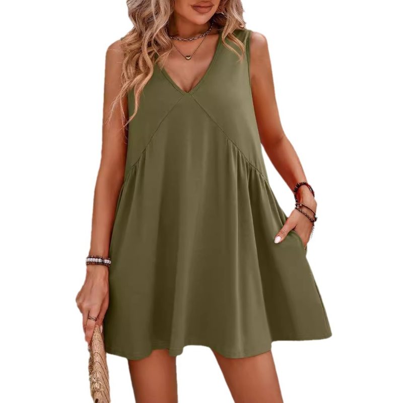 2024 Women's Beach Dress Casual V-neck Sleeveless Loose Vest Dress Women's Summer Sun Dresses Female Retro Solid Soft Dress - Image 7