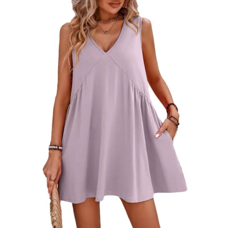 2024 Women's Beach Dress Casual V-neck Sleeveless Loose Vest Dress Women's Summer Sun Dresses Female Retro Solid Soft Dress - Image 8