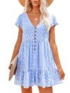 Women's Summer Sun Dresses Floral Full Print Button Up Dress Women Beach Dress V-neck Casual Loose Dress Women's Summer Clothing