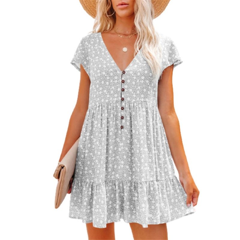 Women's Summer Sun Dresses Floral Full Print Button Up Dress Women Beach Dress V-neck Casual Loose Dress Women's Summer Clothing - Image 2