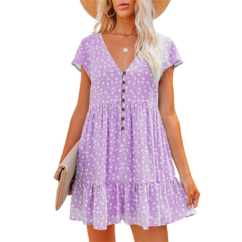 Women's Summer Sun Dresses Floral Full Print Button Up Dress Women Beach Dress V-neck Casual Loose Dress Women's Summer Clothing - Image 3
