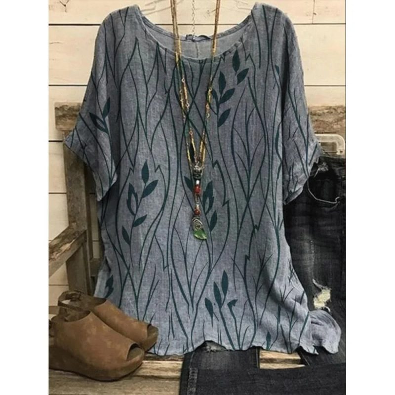 Plus Size 1XL-8XL Women Casual Loose Leaves Print Blouse T-shirt Ladies Fashion Vintage Blouse Unique Half Sleeves Top Shirts - Image 2