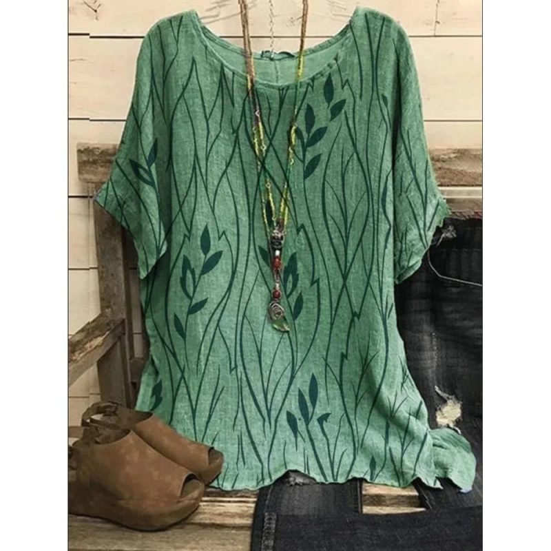 Plus Size 1XL-8XL Women Casual Loose Leaves Print Blouse T-shirt Ladies Fashion Vintage Blouse Unique Half Sleeves Top Shirts - Image 3