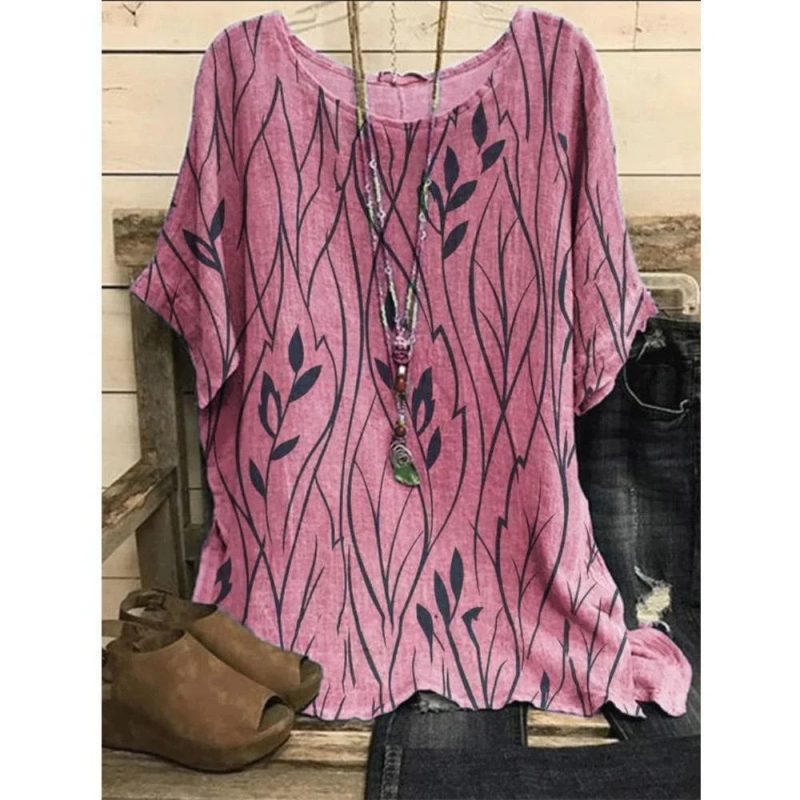 Plus Size 1XL-8XL Women Casual Loose Leaves Print Blouse T-shirt Ladies Fashion Vintage Blouse Unique Half Sleeves Top Shirts - Image 4