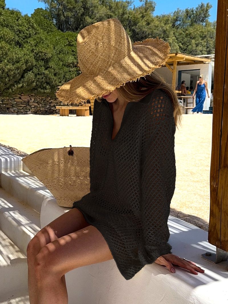 Solid Colour Beach Knit Mini Dress Women's Summer Sexy Hollow Out Long Sleeve Swimsuit Cover Up Boho Holiday Loose Beachwear K17 - Image 15