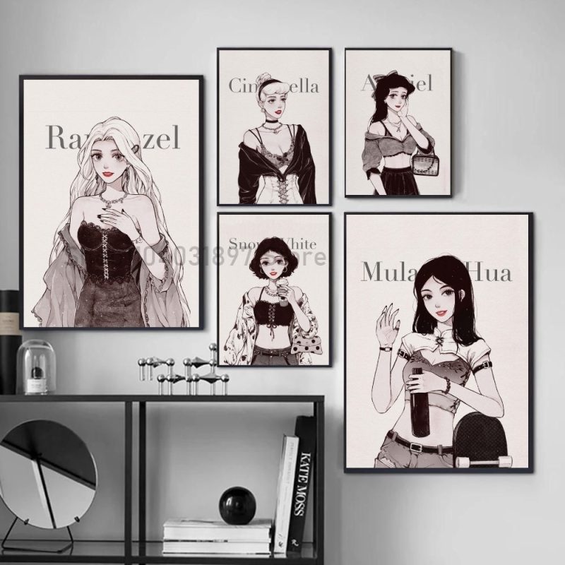 1pc Simple Fashion Princess Modern Poster Self-adhesive Art Waterproof Paper Sticker Coffee House Bar Room Wall Decor
