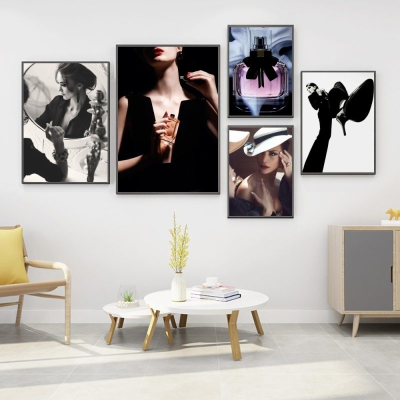 1pc Elegant Fashion Woman Poster Black And White Perfume Flowers Self-adhesive Art Poster Waterproof Paper Sticker Wall Decor