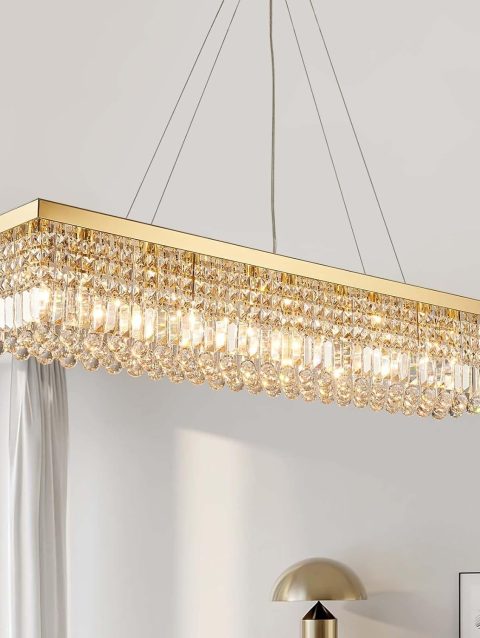 Crystal Chandelier Modern Gold Crystal Chandelier Rectangular Pendant Lighting Fixture for Dining Room Kitchen