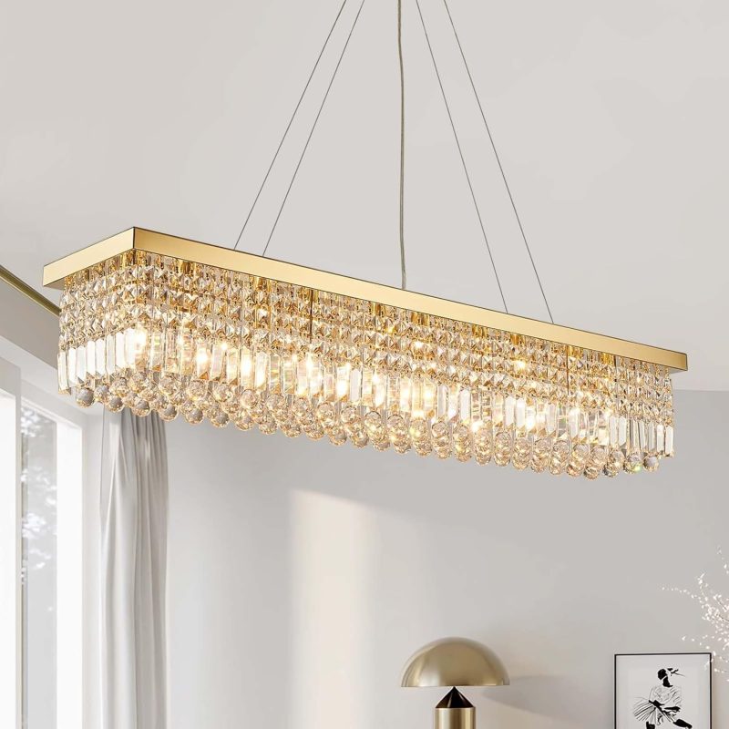 Crystal Chandelier Modern Gold Crystal Chandelier Rectangular Pendant Lighting Fixture for Dining Room Kitchen