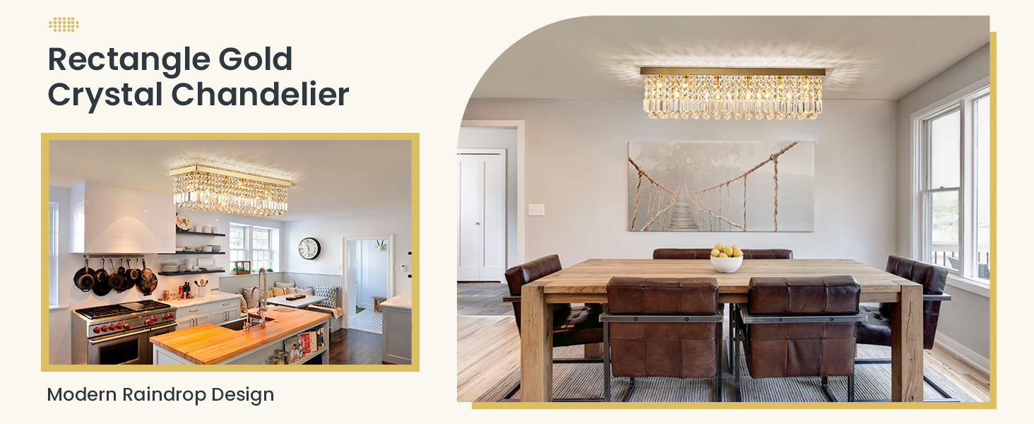 Modern Rectangle Crystal Chandelier Flush Mount Crystal Ceiling Light for Dining Living Room Island
