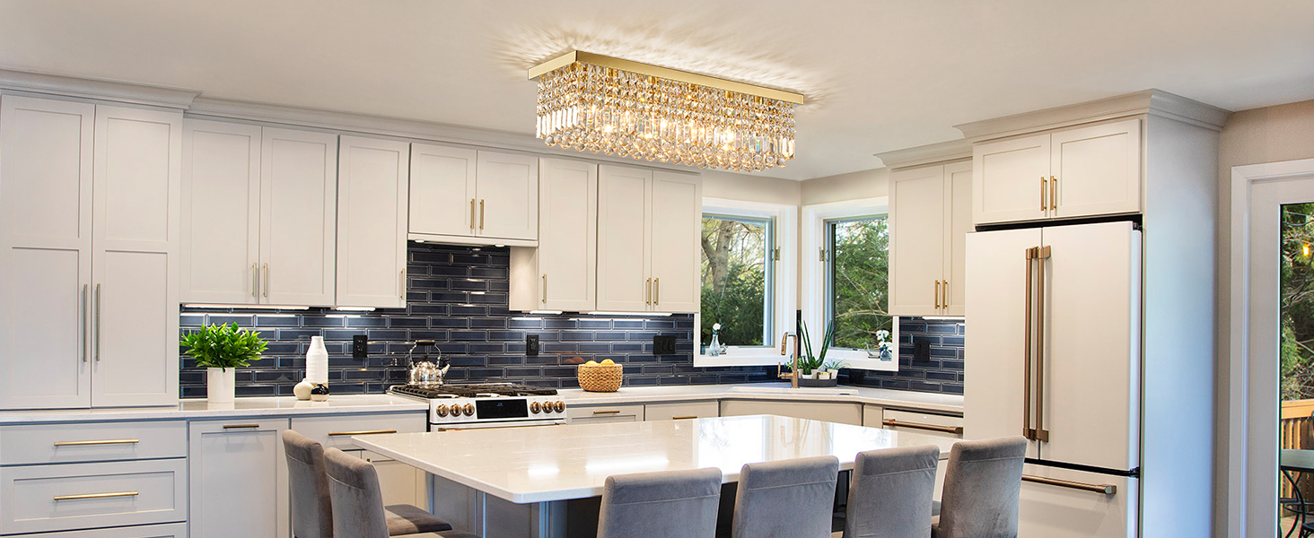 Modern Rectangle Crystal Chandelier Flush Mount Crystal Ceiling Light for Dining Living Room Island
