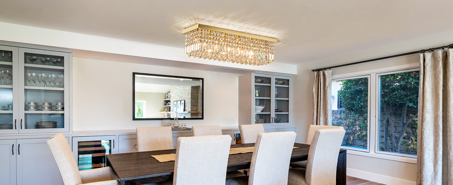 Modern Rectangle Crystal Chandelier Flush Mount Crystal Ceiling Light for Dining Living Room Island