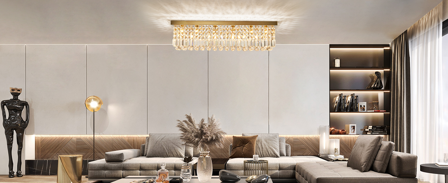 Modern Rectangle Crystal Chandelier Flush Mount Crystal Ceiling Light for Dining Living Room Island