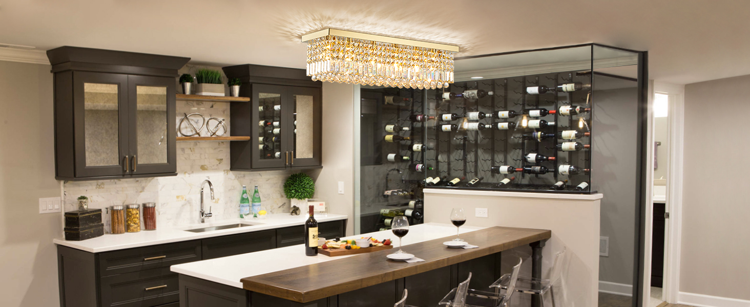 Modern Rectangle Crystal Chandelier Flush Mount Crystal Ceiling Light for Dining Living Room Island