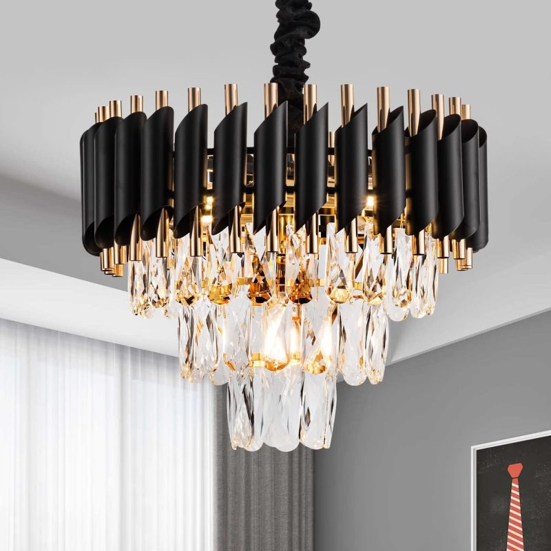 Chandelier Light Fixtures 3-Tier Black Gold Luxury Chandeliers for Dining Room Round Hanging Pendant