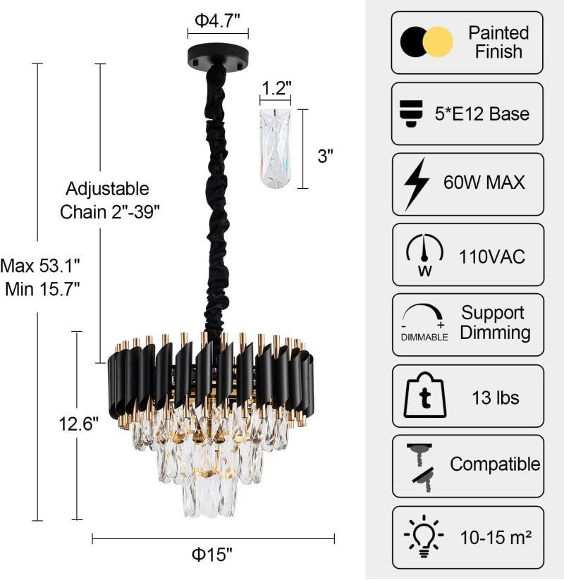 Chandelier Light Fixtures 3-Tier Black Gold Luxury Chandeliers for Dining Room Round Hanging Pendant - Image 2
