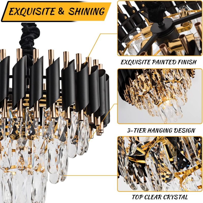 Chandelier Light Fixtures 3-Tier Black Gold Luxury Chandeliers for Dining Room Round Hanging Pendant - Image 3