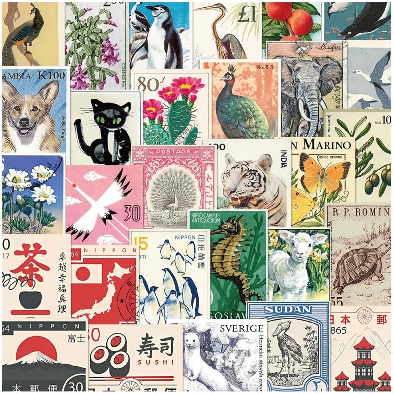 10/30/50pcs Retro Stamp Cartoon Stickers Decals Waterproof Graffiti Stationery Phone Case Laptop Artsy Aesthetic Sticker Packs