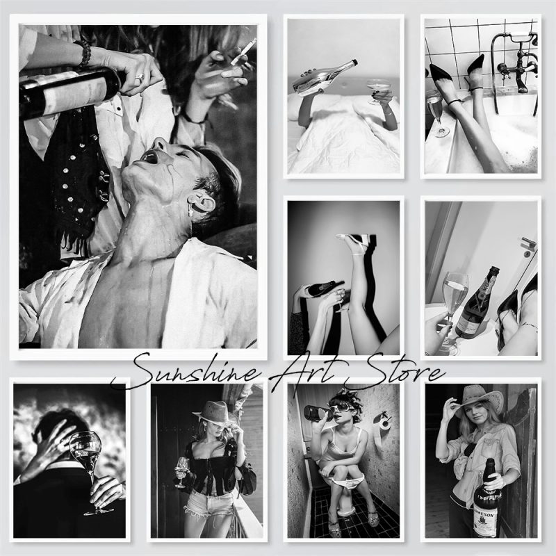 Black and White Photos Wine Drink Champagne Poster Canvas Prints Bar Dining Room Aesthetic Wall Decor Retro Drinking Wall Decor