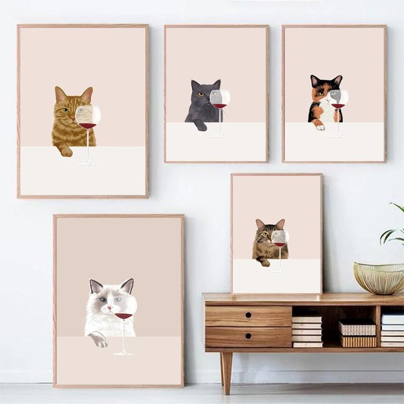 Funny Black White Cats Red Wine Poster And Prints Canvas Painting Cat Lover Wall Art Pictures For Living Room Kitchen Home Decor - Image 2