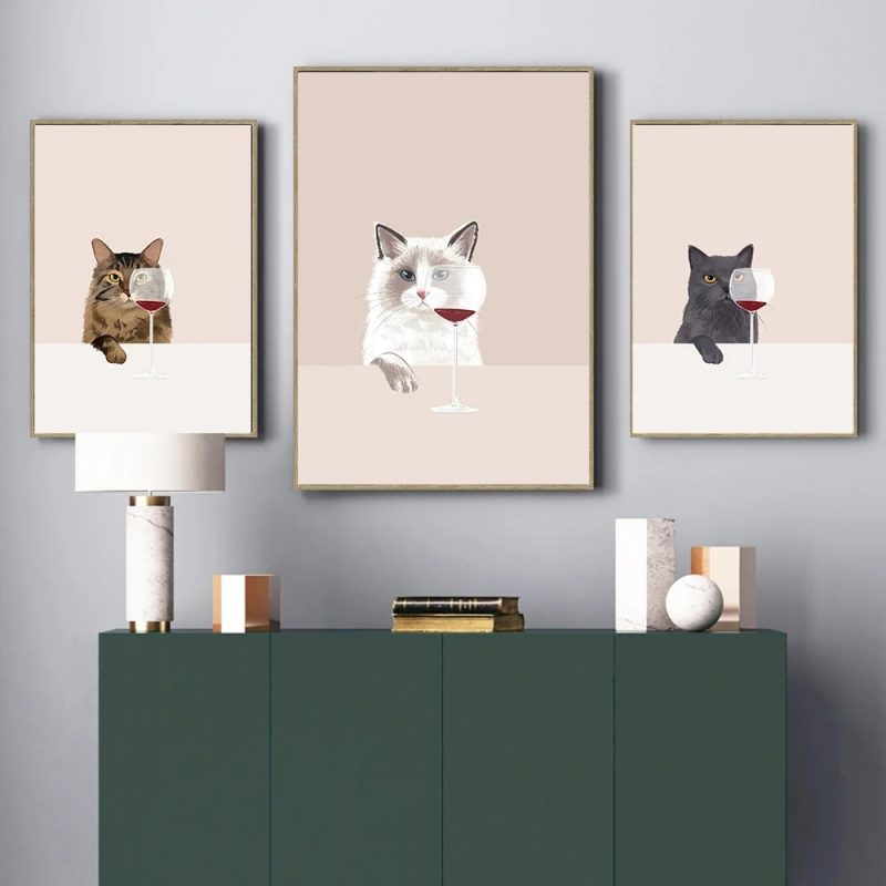 Funny Black White Cats Red Wine Poster And Prints Canvas Painting Cat Lover Wall Art Pictures For Living Room Kitchen Home Decor - Image 3