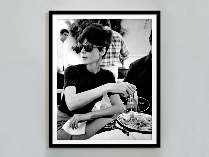 Retro Woman Eating Pasta in Paris Drinking Coffee Cocktail Black and White Canvas Painting Print Wall Art Room Kitchen Decor - Image 13