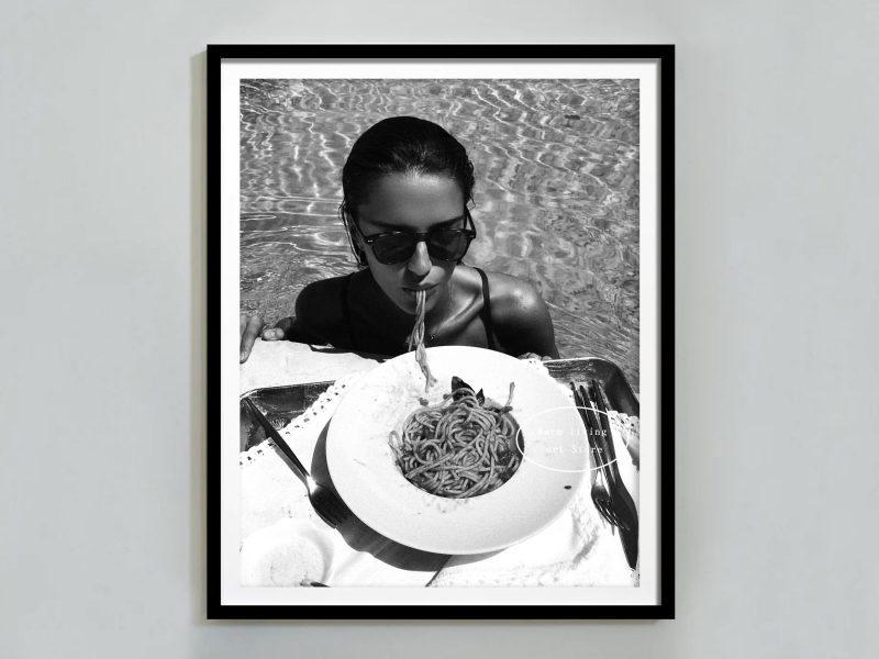 Retro Woman Eating Pasta in Paris Drinking Coffee Cocktail Black and White Canvas Painting Print Wall Art Room Kitchen Decor - Image 14