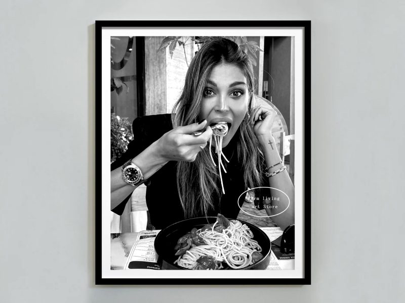 Retro Woman Eating Pasta in Paris Drinking Coffee Cocktail Black and White Canvas Painting Print Wall Art Room Kitchen Decor - Image 17