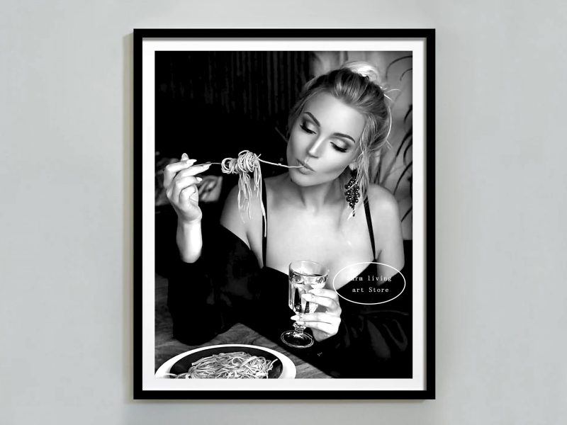Retro Woman Eating Pasta in Paris Drinking Coffee Cocktail Black and White Canvas Painting Print Wall Art Room Kitchen Decor - Image 18