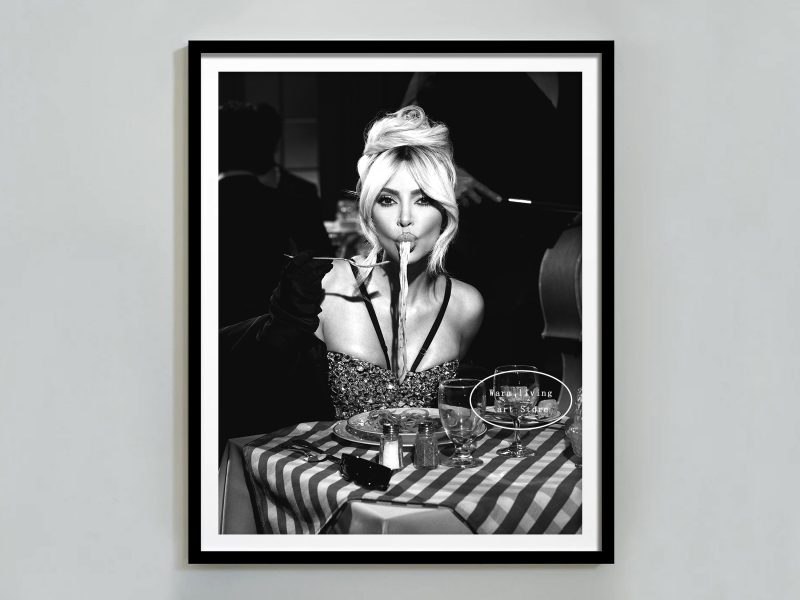 Retro Woman Eating Pasta in Paris Drinking Coffee Cocktail Black and White Canvas Painting Print Wall Art Room Kitchen Decor - Image 19