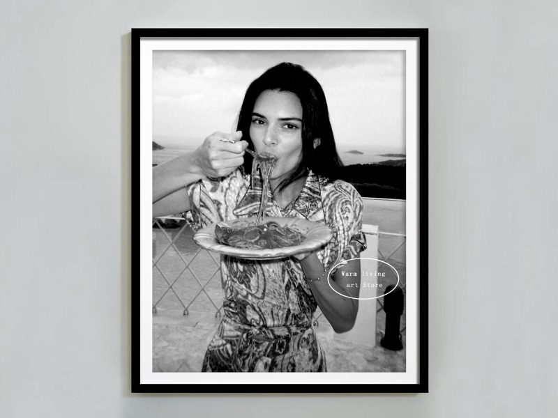 Retro Woman Eating Pasta in Paris Drinking Coffee Cocktail Black and White Canvas Painting Print Wall Art Room Kitchen Decor - Image 20