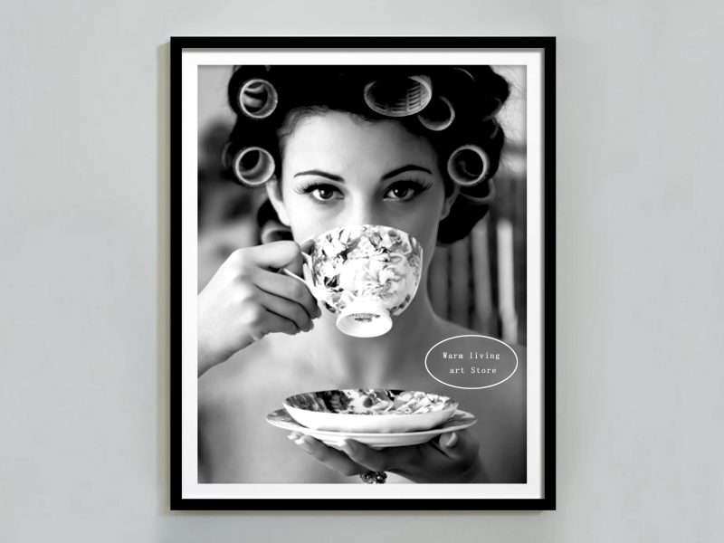Retro Woman Eating Pasta in Paris Drinking Coffee Cocktail Black and White Canvas Painting Print Wall Art Room Kitchen Decor - Image 26
