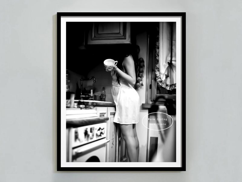 Retro Woman Eating Pasta in Paris Drinking Coffee Cocktail Black and White Canvas Painting Print Wall Art Room Kitchen Decor - Image 27