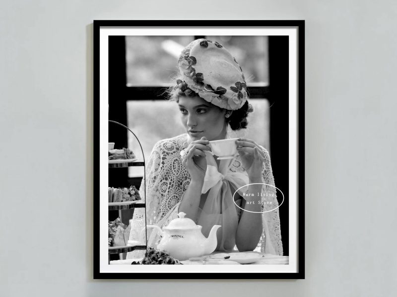 Retro Woman Eating Pasta in Paris Drinking Coffee Cocktail Black and White Canvas Painting Print Wall Art Room Kitchen Decor - Image 28