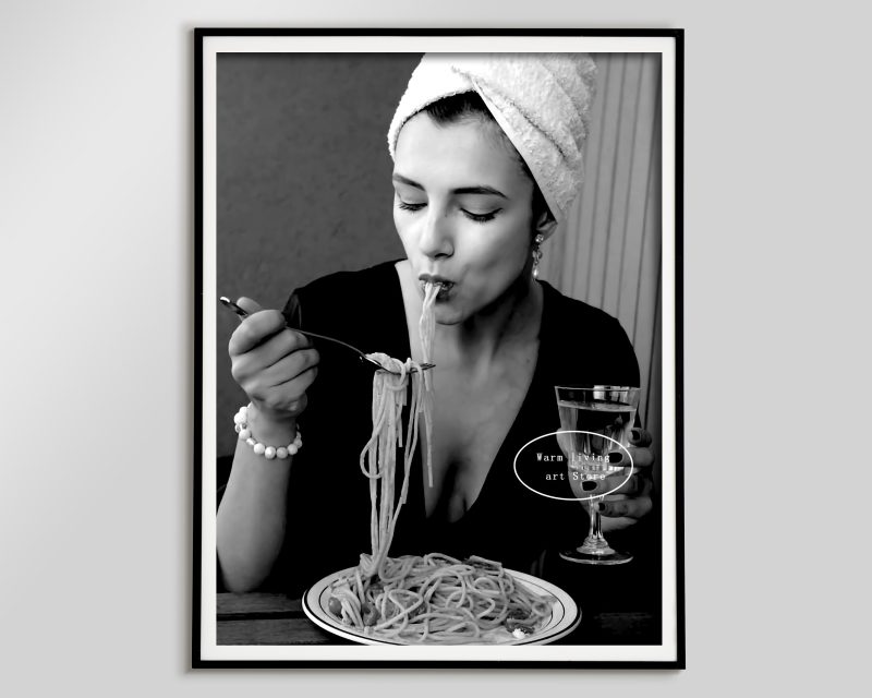 Retro Woman Eating Pasta in Paris Drinking Coffee Cocktail Black and White Canvas Painting Print Wall Art Room Kitchen Decor - Image 30