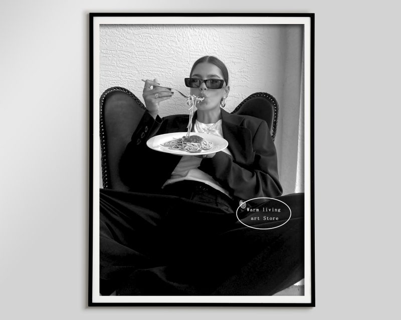 Retro Woman Eating Pasta in Paris Drinking Coffee Cocktail Black and White Canvas Painting Print Wall Art Room Kitchen Decor - Image 33