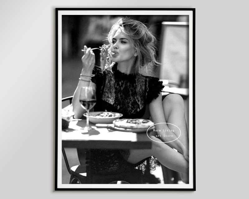 Retro Woman Eating Pasta in Paris Drinking Coffee Cocktail Black and White Canvas Painting Print Wall Art Room Kitchen Decor - Image 34