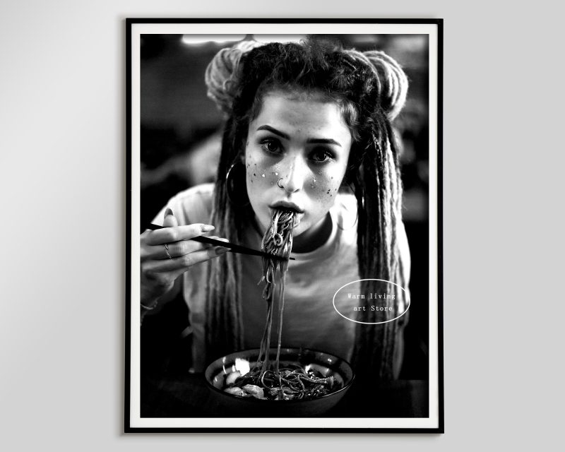 Retro Woman Eating Pasta in Paris Drinking Coffee Cocktail Black and White Canvas Painting Print Wall Art Room Kitchen Decor - Image 35