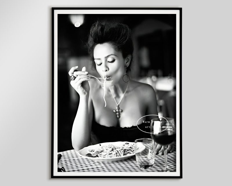 Retro Woman Eating Pasta in Paris Drinking Coffee Cocktail Black and White Canvas Painting Print Wall Art Room Kitchen Decor - Image 36