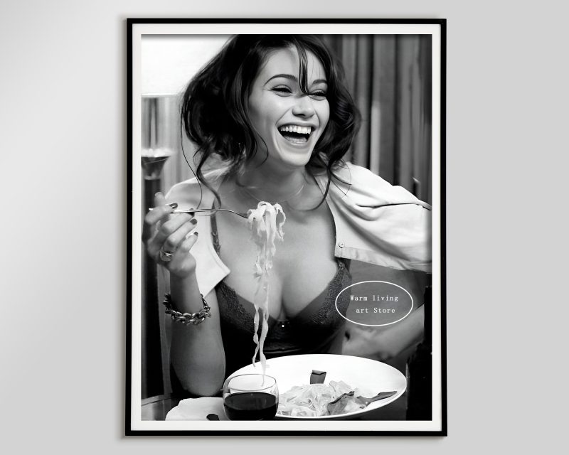 Retro Woman Eating Pasta in Paris Drinking Coffee Cocktail Black and White Canvas Painting Print Wall Art Room Kitchen Decor - Image 37