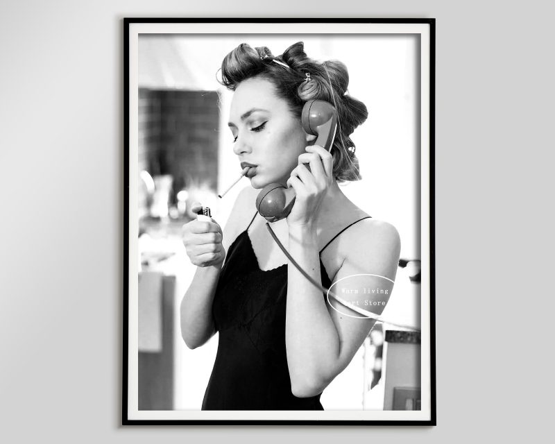 Retro Woman Eating Pasta in Paris Drinking Coffee Cocktail Black and White Canvas Painting Print Wall Art Room Kitchen Decor - Image 39